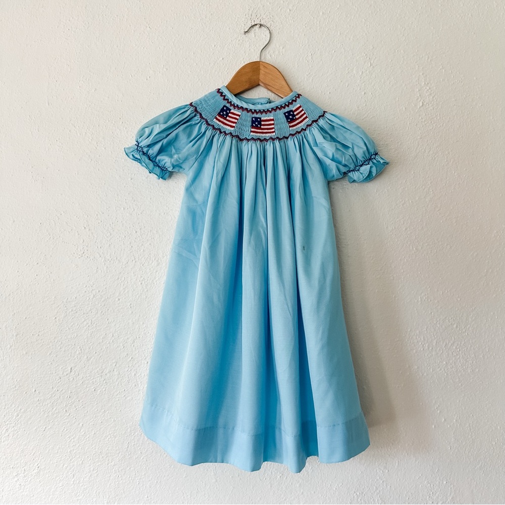 Babeeni Toddler Girls Blue American Flag Smocked Bishop Dress